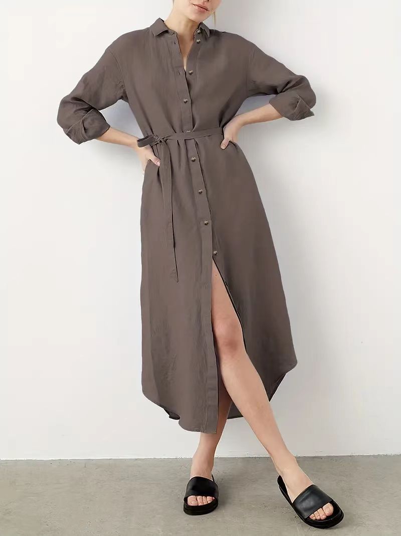 Women's Elegant Loose Single-Breasted Belted Shirt Dress Long Sleeve Midi