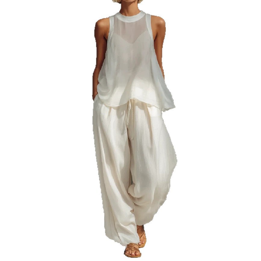 Semi-Sheer Sleeveless Drawstring Top & Wide-Leg Pants Set