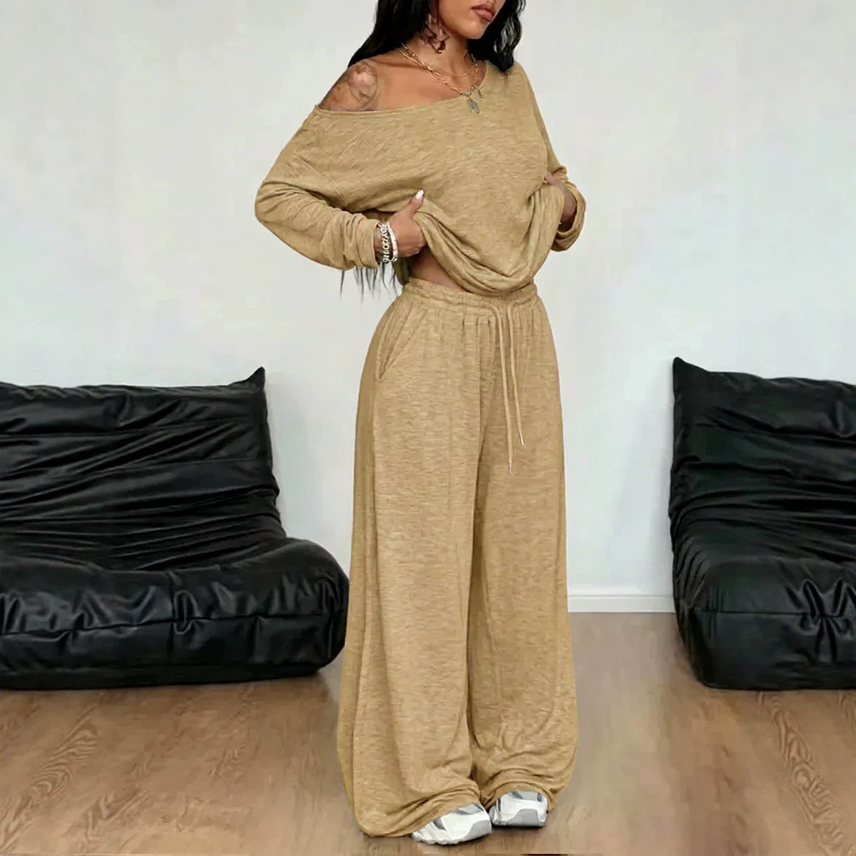 Women's Oblique Collar Wide-Leg Pants Set Solid Color Casual Two-Piece Long Sleeve