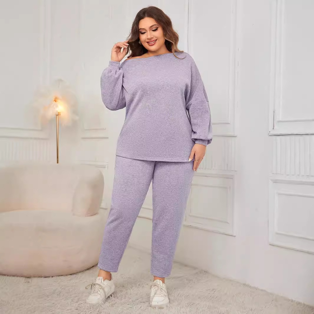 Women's Off-Shoulder Long Sleeve Top and Pants Set Plus Size Casual
