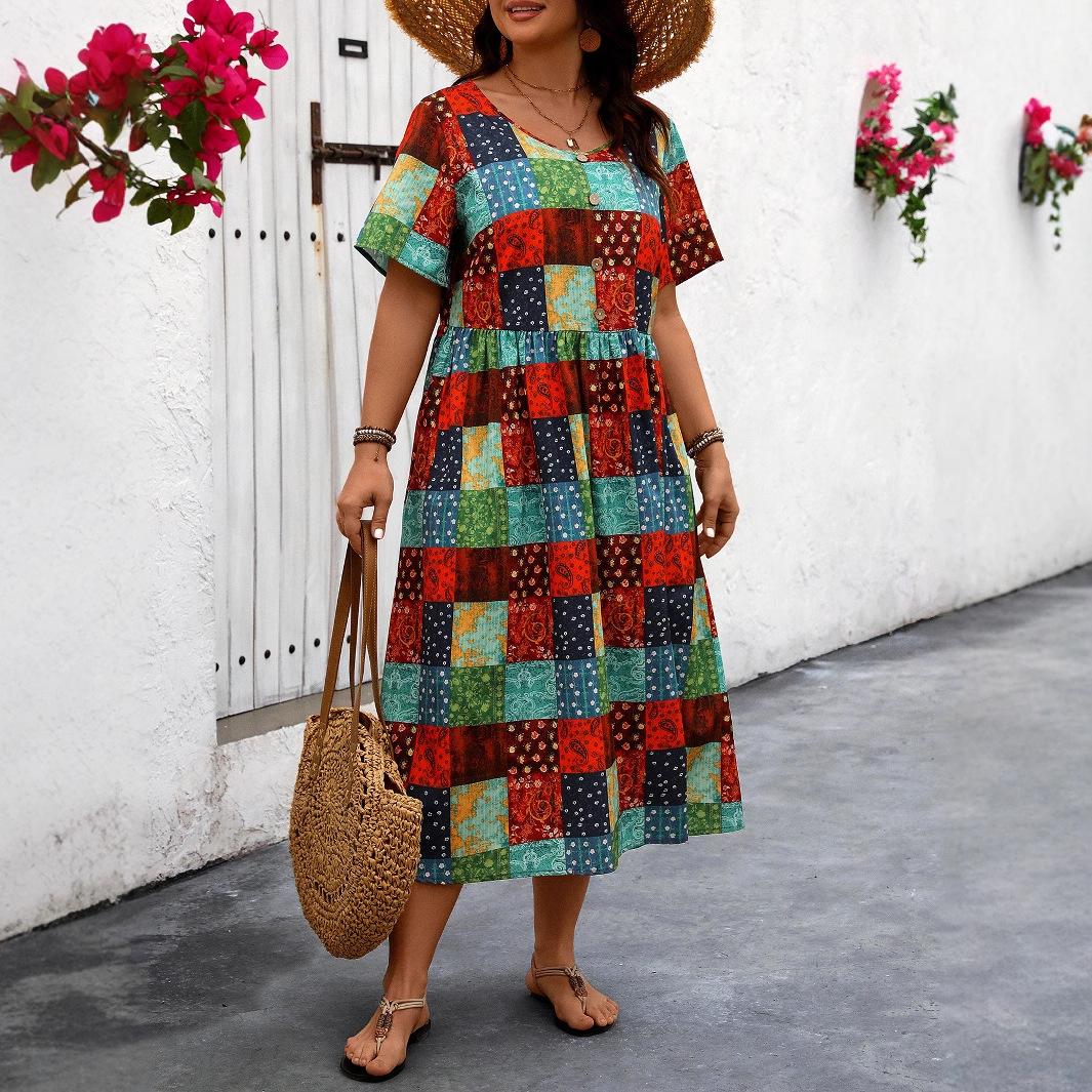 Women's Summer Floral Print Long Dress Round Neck Loose Plus Size