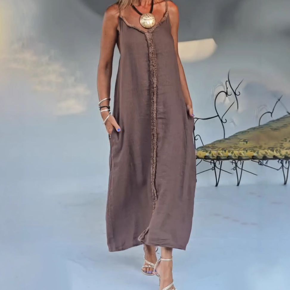Women's Loose Casual Solid Color Sleeveless V-Neck Midi Dress