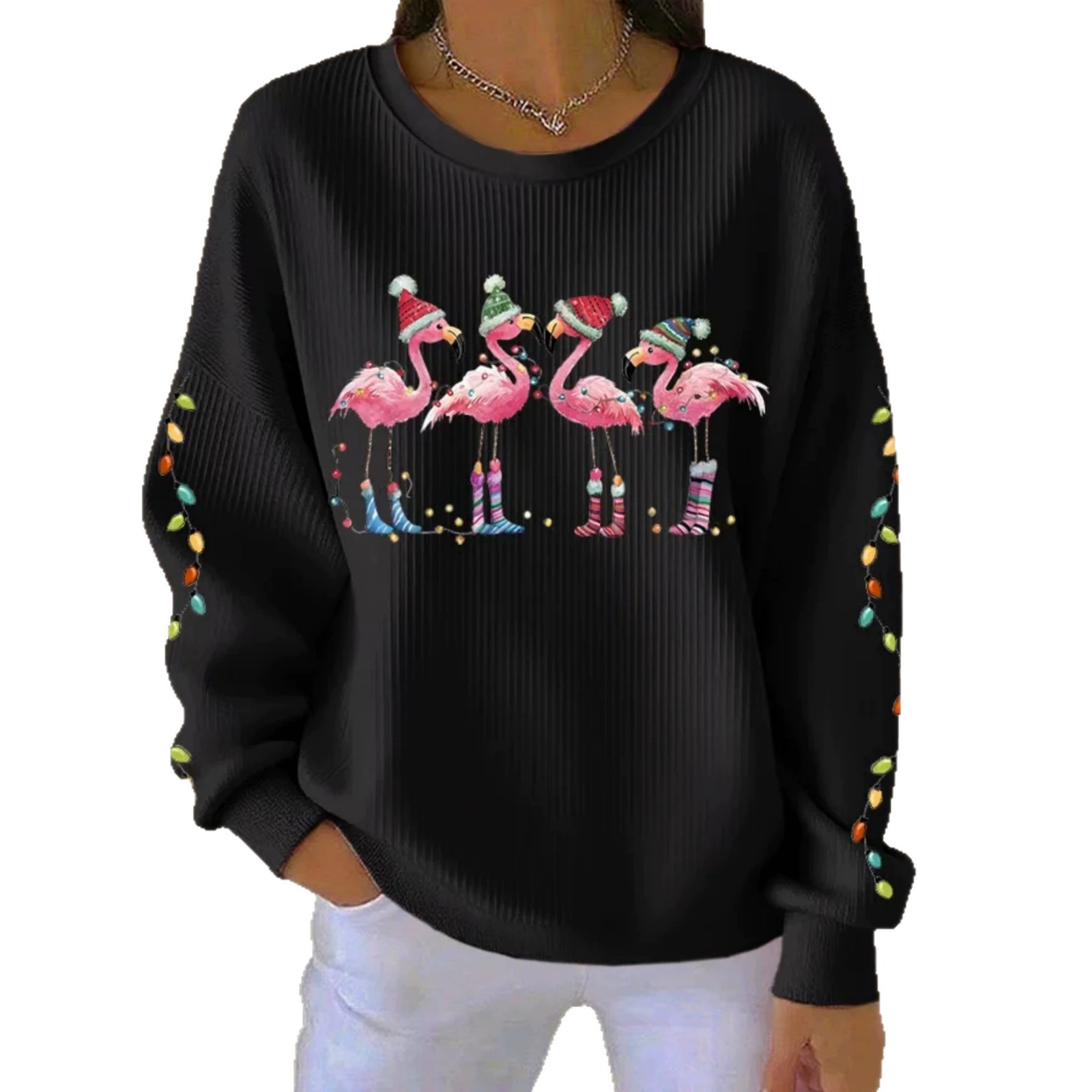 Flamingo Print Crewneck Long Sleeve Pullover Sweatshirt