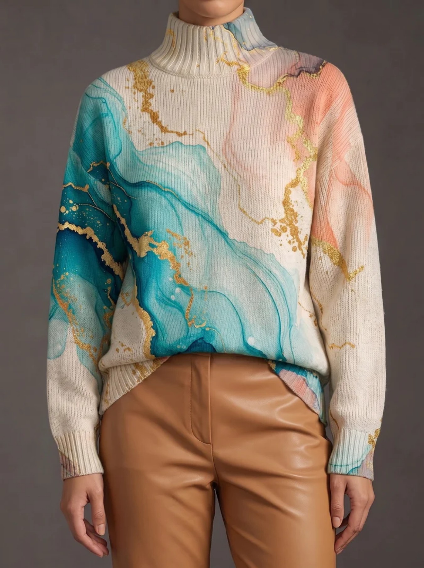 Women's Floral Polka Dot Print Turtleneck Casual Sweater