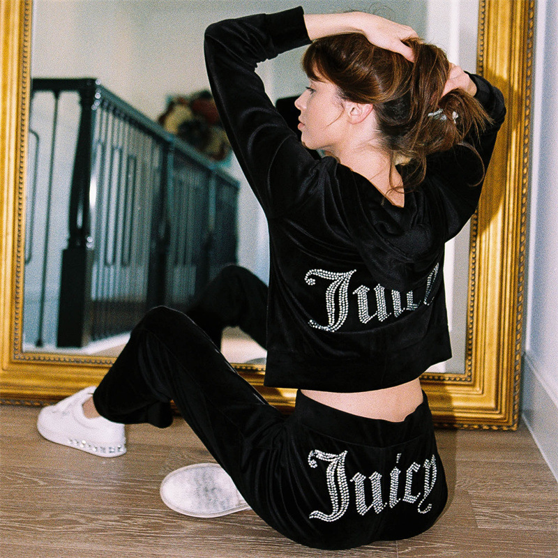 Women's Casual Two-Piece Tracksuit with Rhinestone Letter Hoodie and Loose Pants