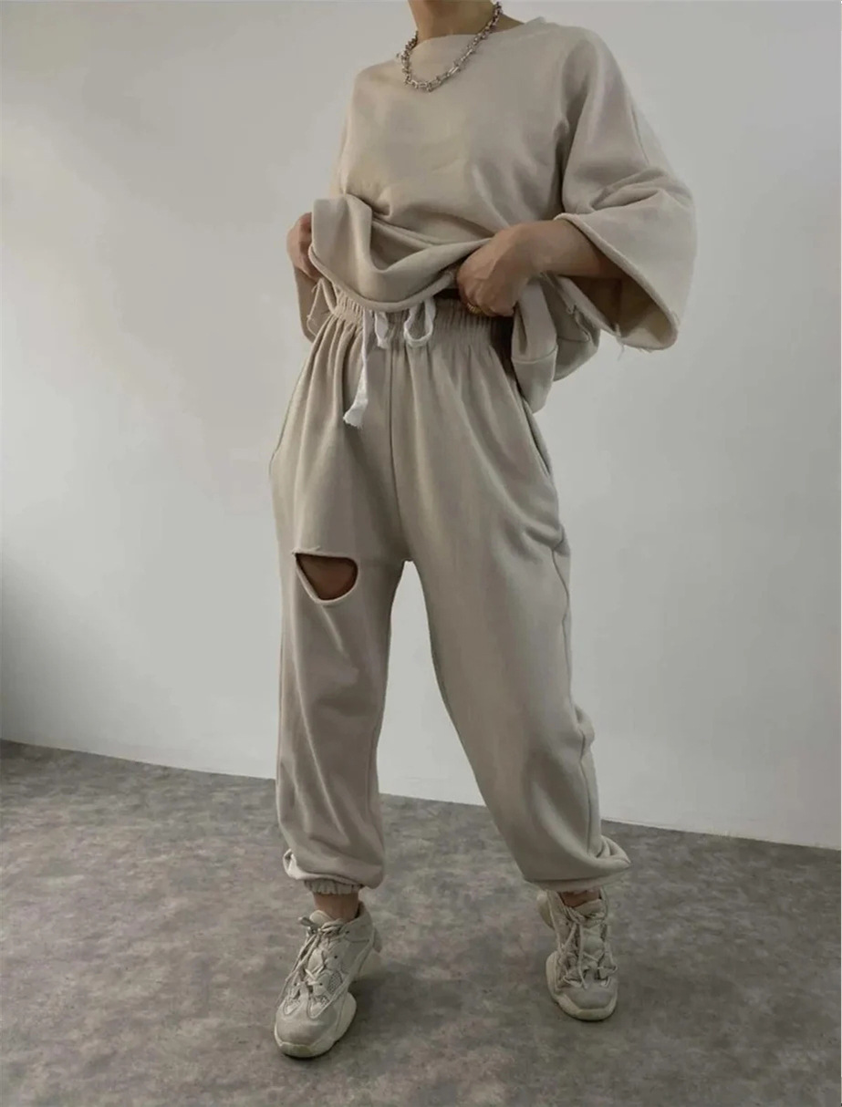 Women's Long Sleeve Crewneck Solid Top & Distressed Tie Pants Two-Piece Set