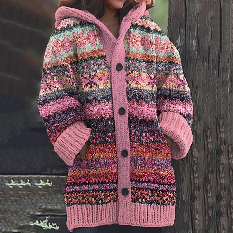 Women's Floral Leaf Print Hooded Button Cardigan Sweater