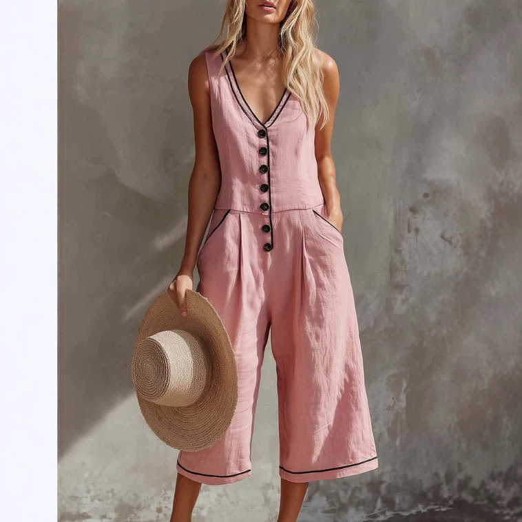 Colorblock V-Neck Sleeveless Wide-Leg Jumpsuit