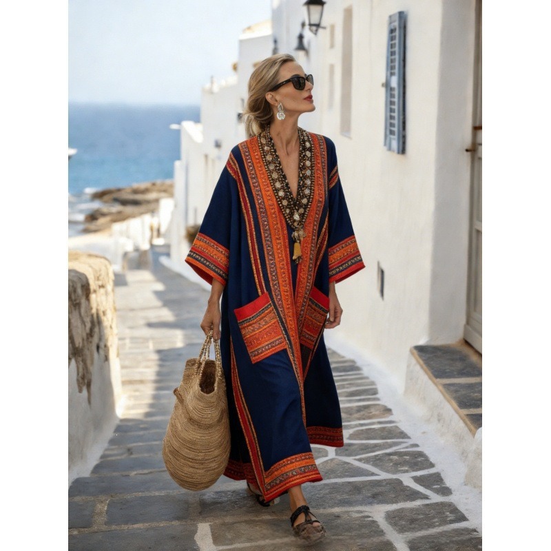 Women's Animal Print A-Line Midi Dress Long Sleeve Crew Neck Casual