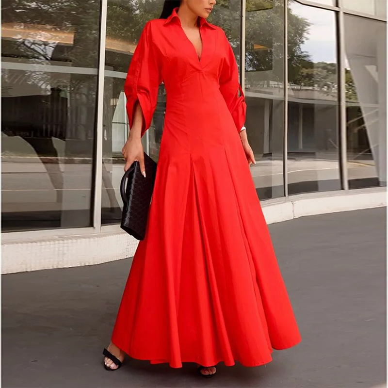 Women's Summer Long Dress Solid Color Waist-Cinched Pleated Collared