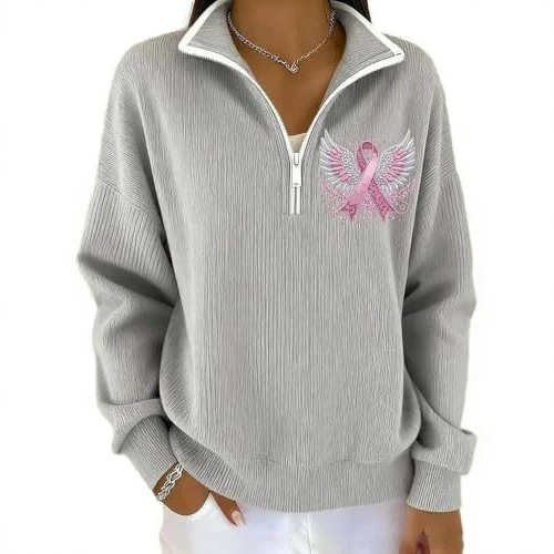 Wing Ribbon Print Half-Zip Stand Collar Hoodie