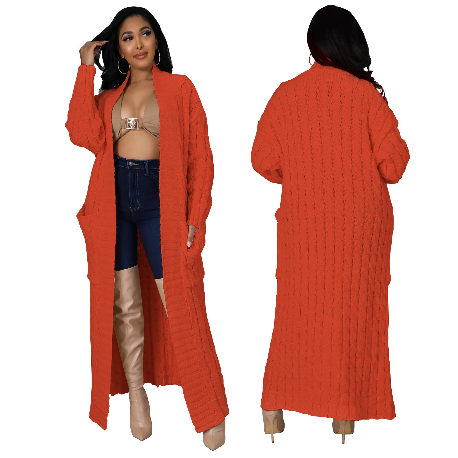 Cable-Knit Open-Front Long Cardigan with Pockets