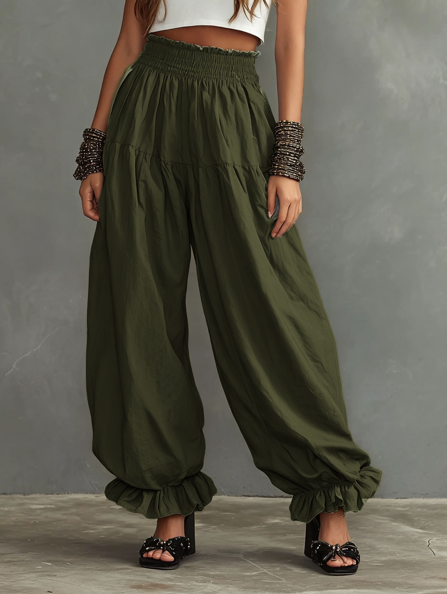 Women's Loose Lantern Pants with Ruffle Hem Casual