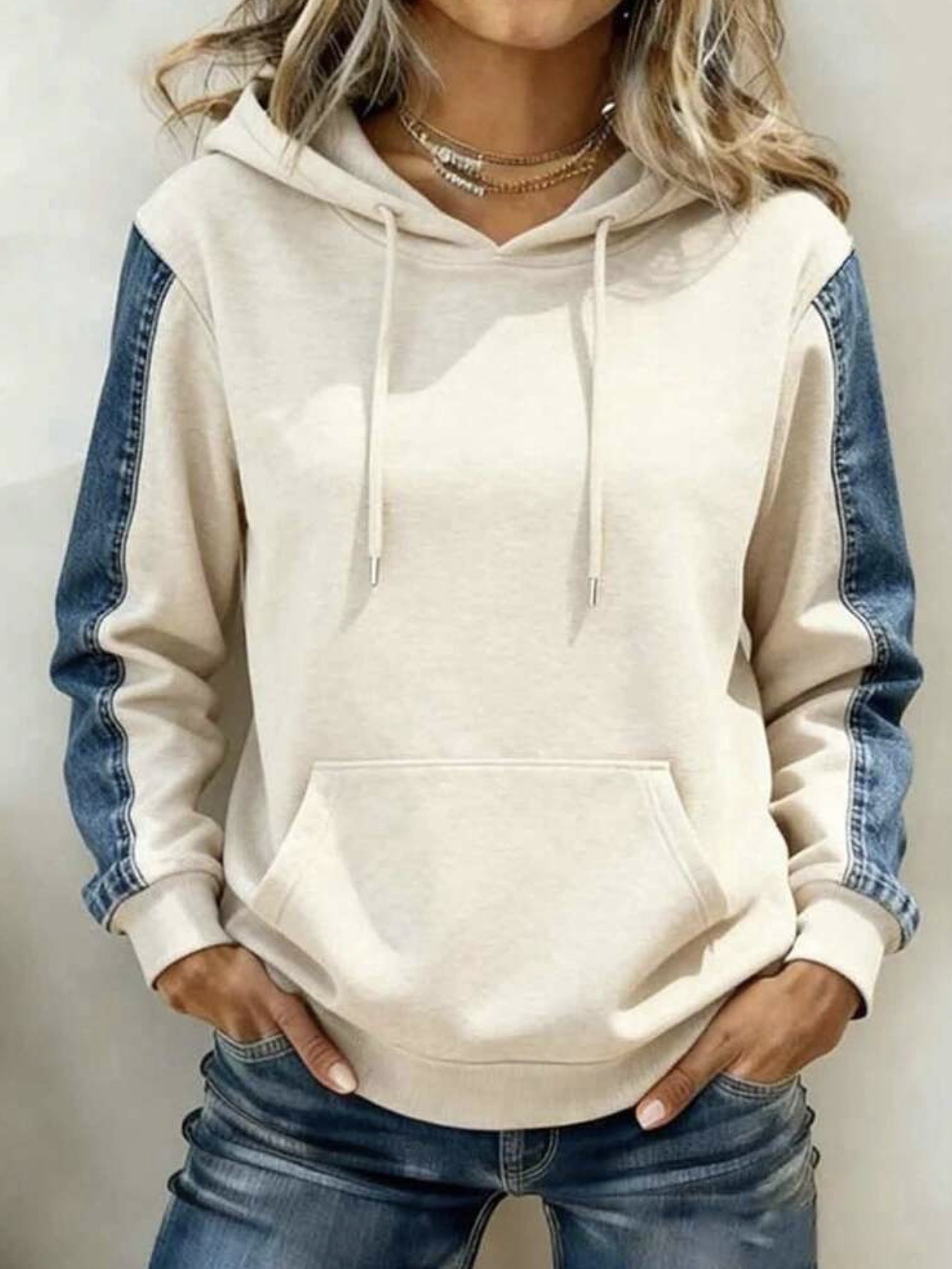 Women's Denim Print Patchwork Hooded Drawstring Sweatshirt