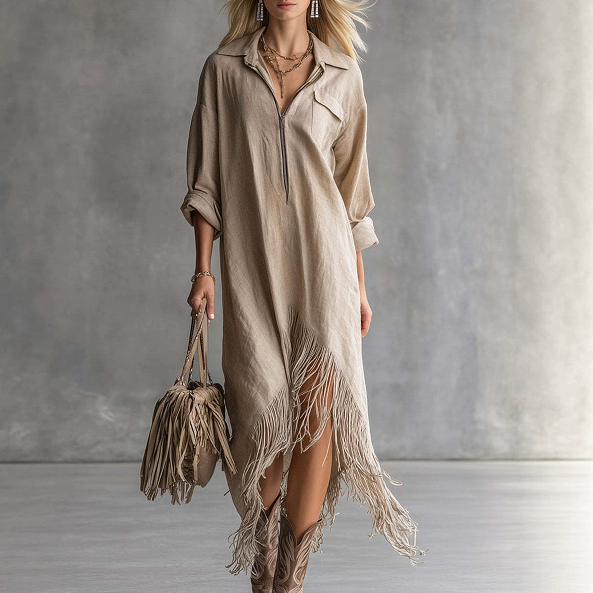 Bohemian Vintage Loose Irregular Hem Fringe Dress