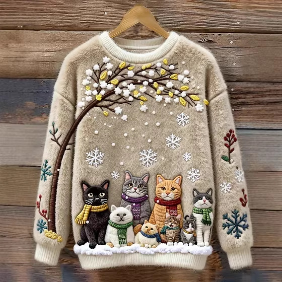 Women's Cute Cat Print Crewneck Sweatshirt