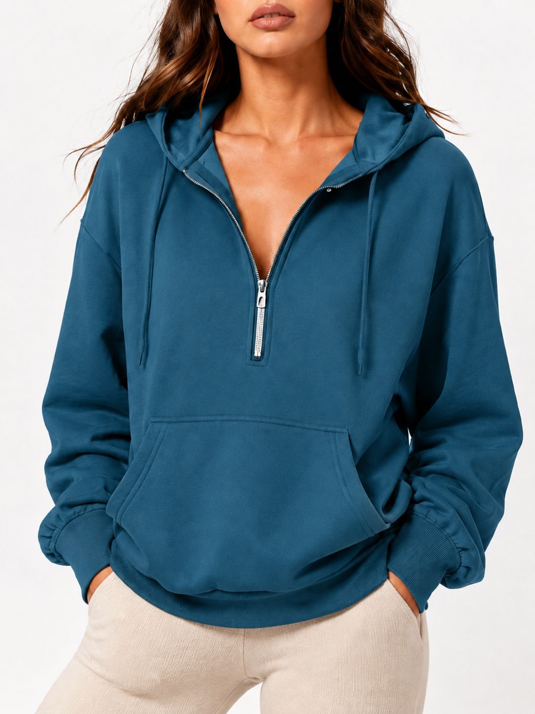 2026 Fall New Cross-Border European and American Loose Hooded Half-Zip Pocket Fall Winter Casual Sweatshirt Women's