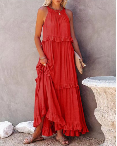 Ruffled Long Vacation Dress with Flowy Maxi Skirt