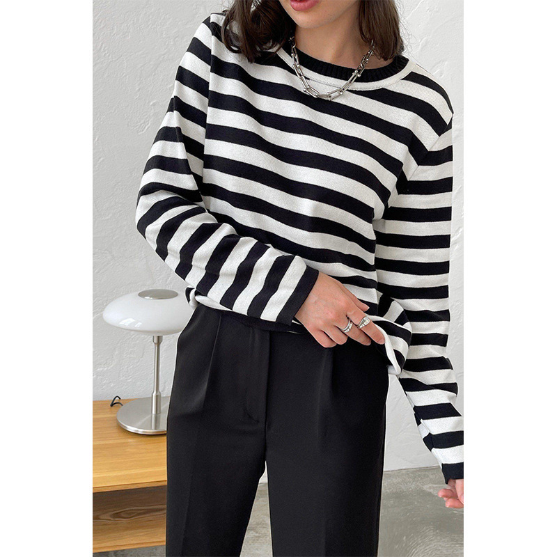 Women's Striped Crewneck Knit Sweater Retro Pullover