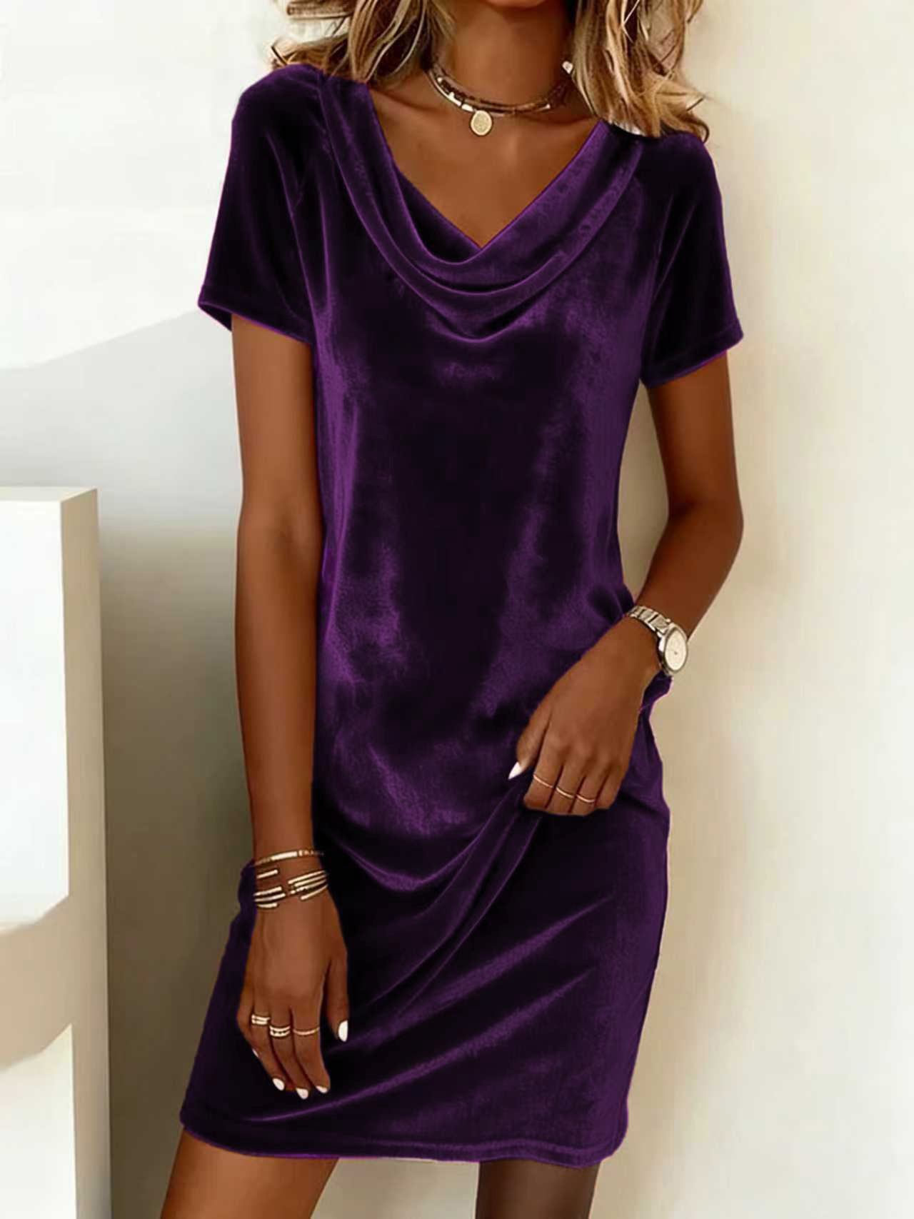 Women's Cowl Neck Velvet Midi Dress Slim Fit Elegant