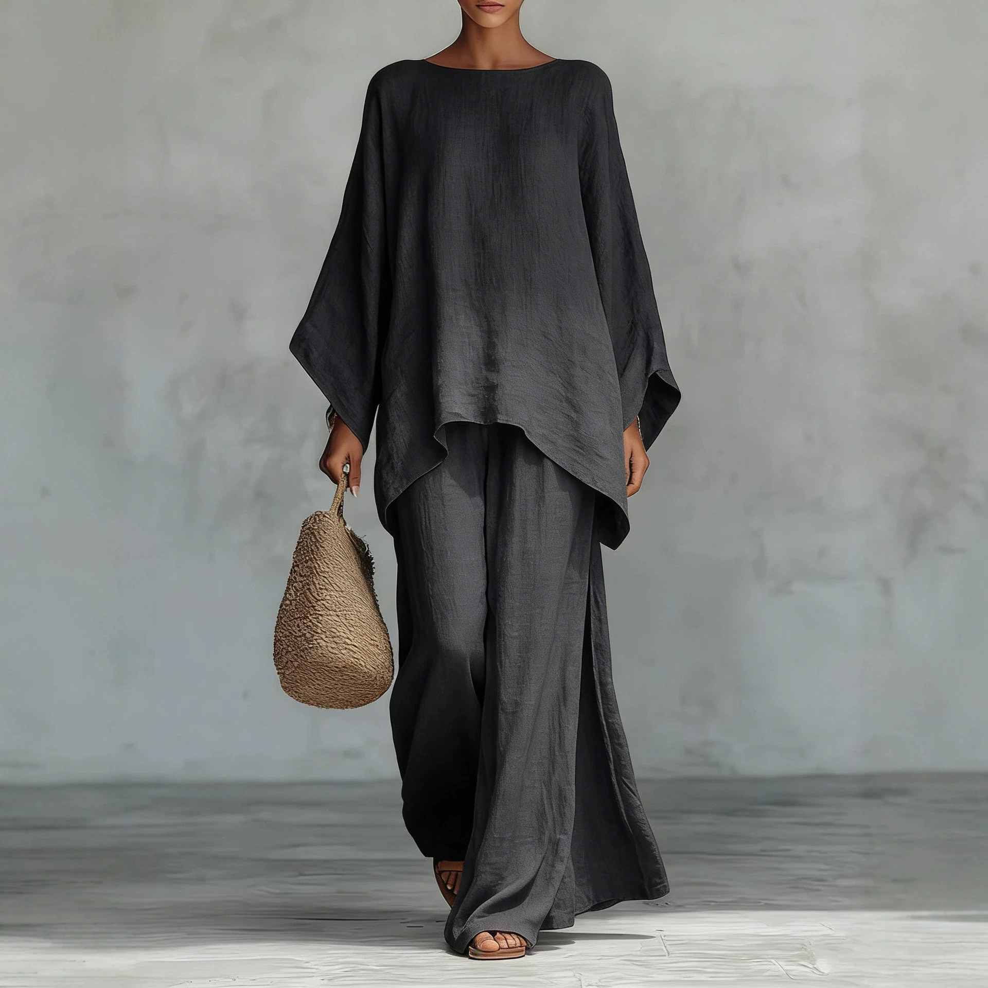 Women's Linen-Blend Shirt & Wide-Leg Pants Casual Set