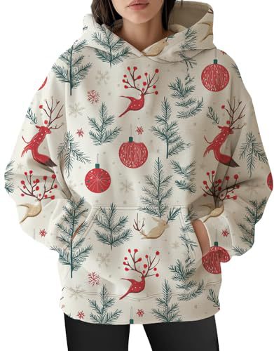Women's Christmas Print Hoodie with Lantern Leaf Motif