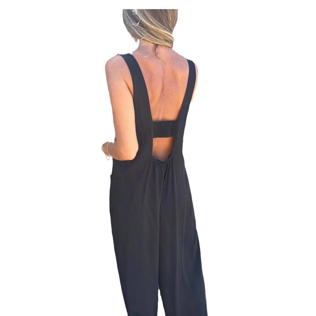 Women's Solid Button Pocket Loose Casual Overalls Jumpsuit