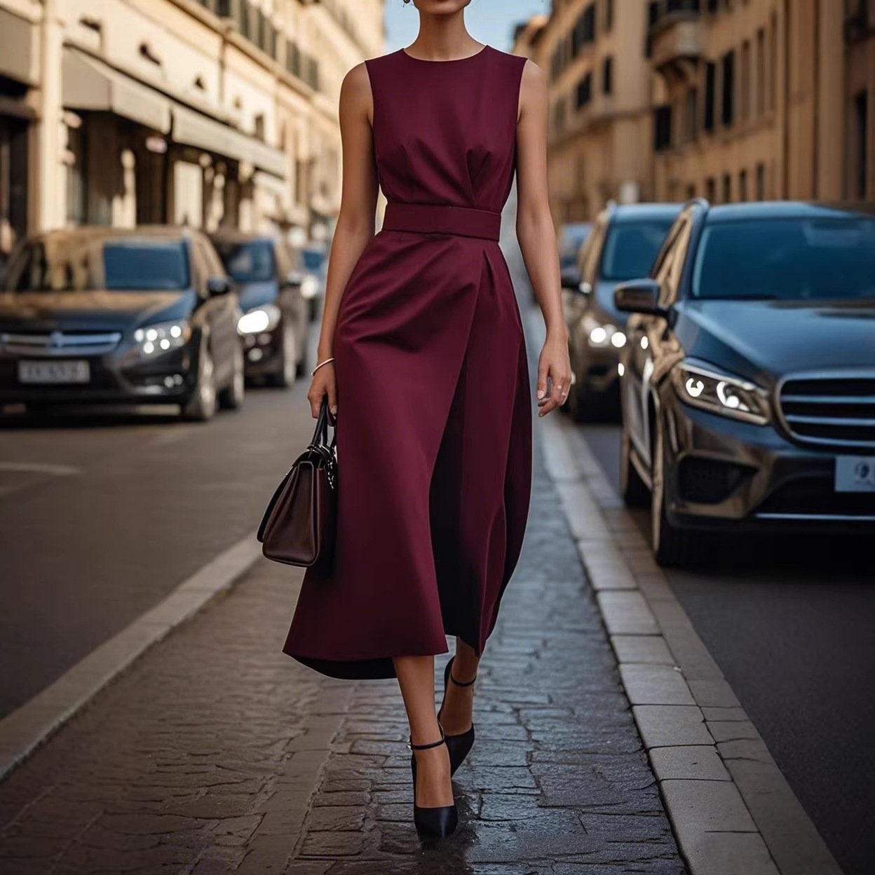 Women's Sleeveless Crew Neck Long Dress Casual Slim Fit