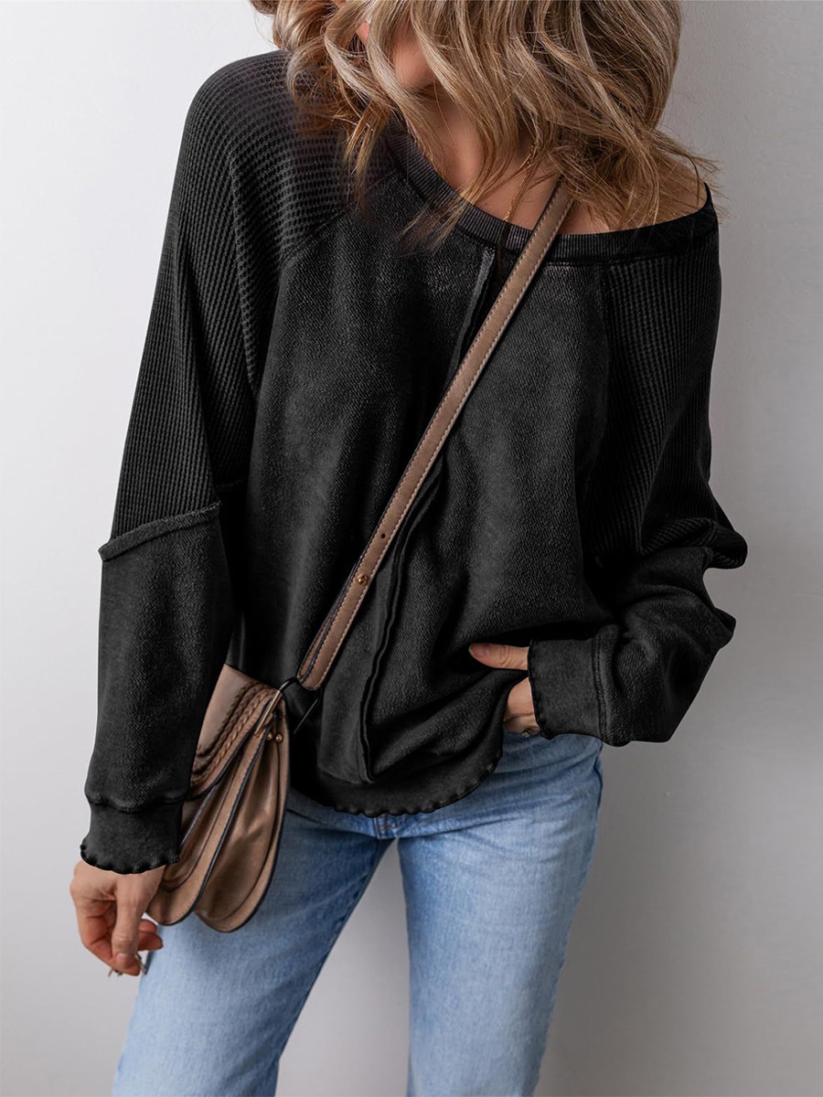 Women's Casual Crewneck Long Sleeve Reverse Stitch Patchwork Loose Pullover Sweatshirt