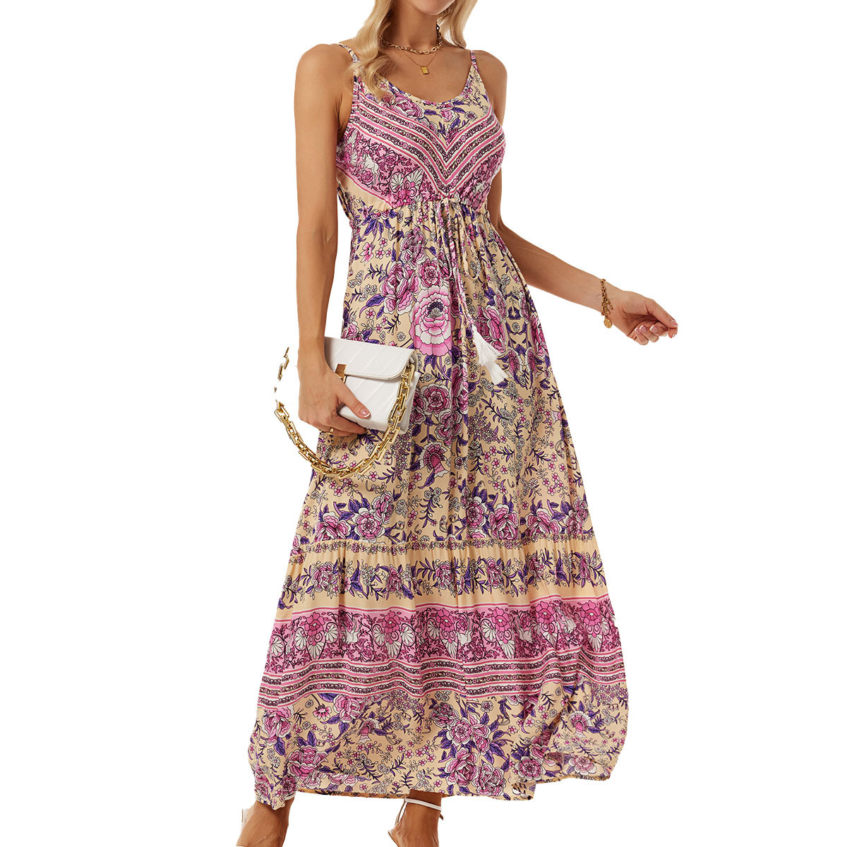 Bohemian Printed Sleeveless V-Neck A-Line Maxi Dress with Tassels