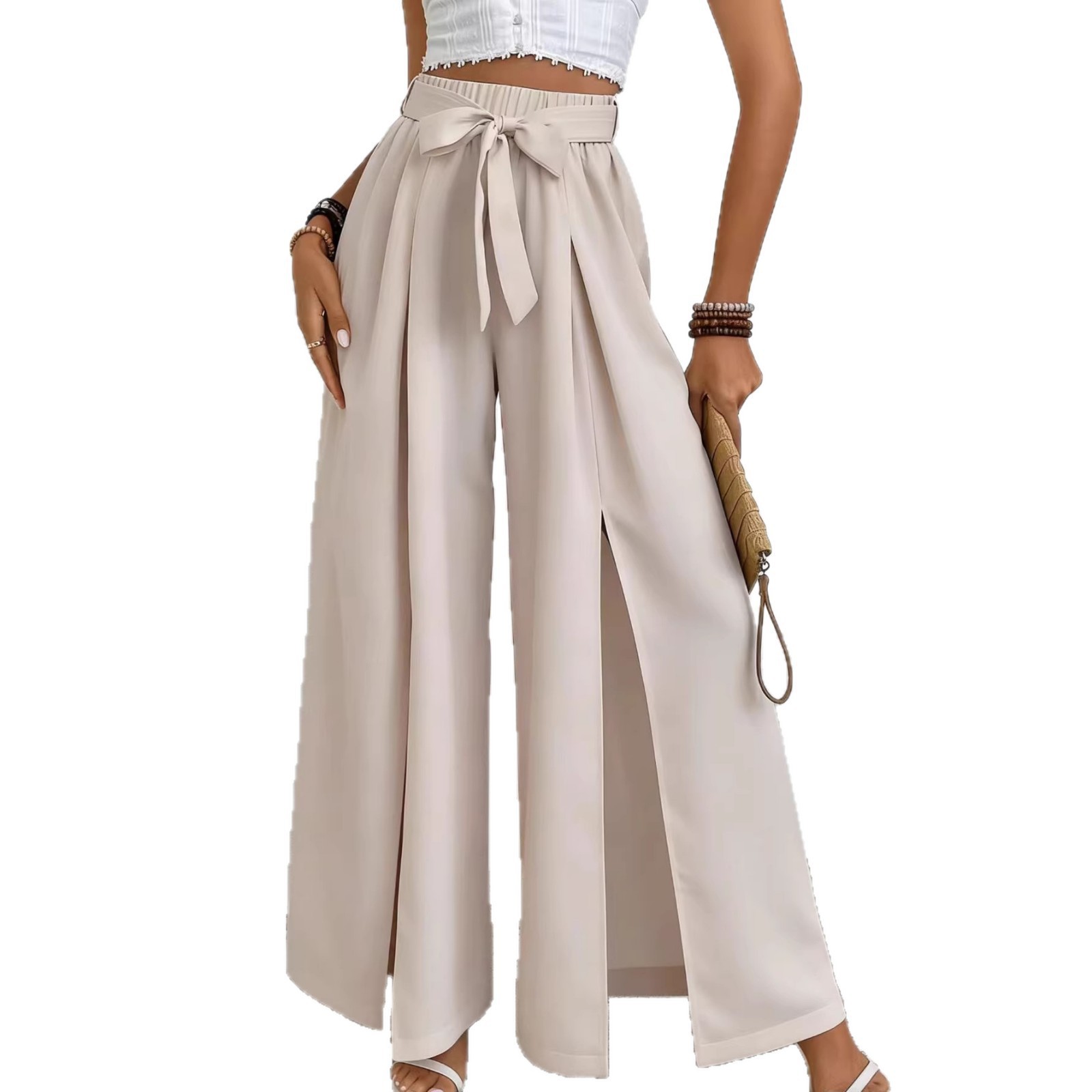 Women's High-Waist Wide-Leg Pants with Tie Belt