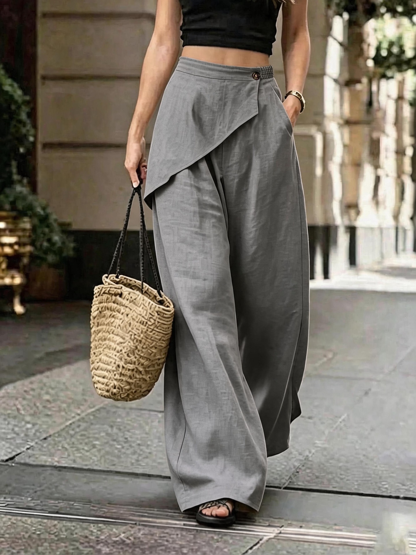 Women's Wide-Leg Faux Linen Pants Irregular Design Loose Solid Casual