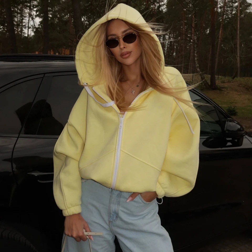 Women's Hooded Zip-Up Fleece Cardigan Sweatshirt Solid Color Long Sleeve Loose Fit Tie-Waist Short Crop Top