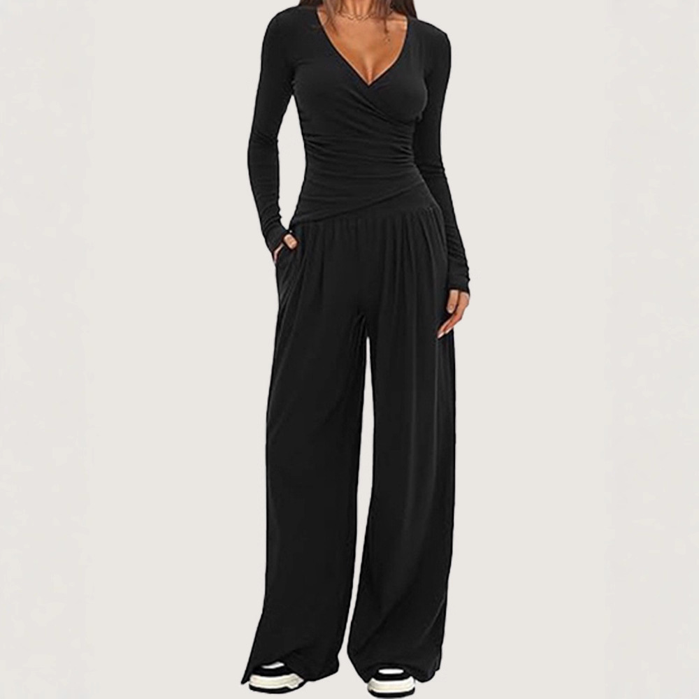 Women's Wide-Leg Pants Set Long Sleeve Solid Color Two-Piece Outfit