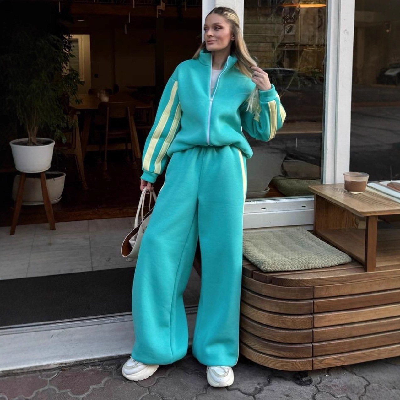 Women's Colorblock Zip-Up Stand Collar Cardigan & Striped Jogger Two-Piece Set