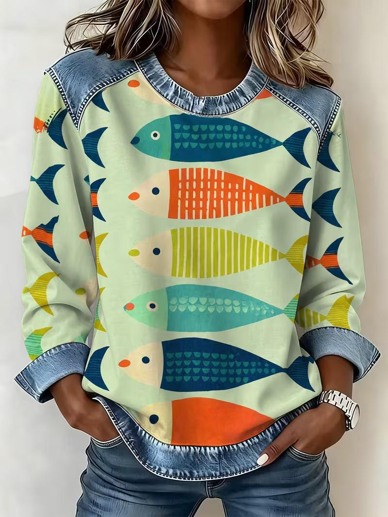 Women's Sailfish Print Casual Pullover Sweatshirt