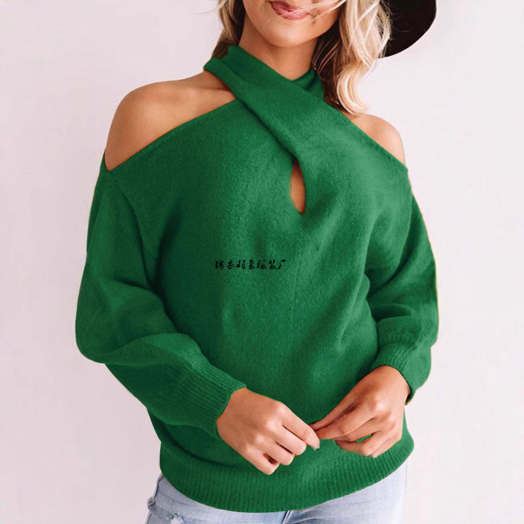 V-Neck Off-Shoulder Knit Sweater with Cross Wrap Bust and Open Back