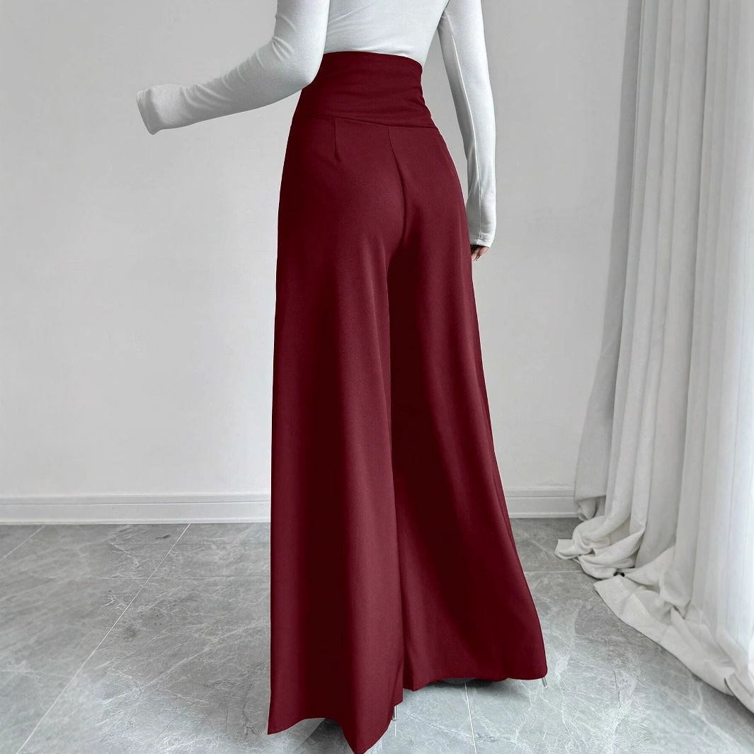 Minimalist High-Waist Tummy-Control Black Wide-Leg Pants with Pockets for Work