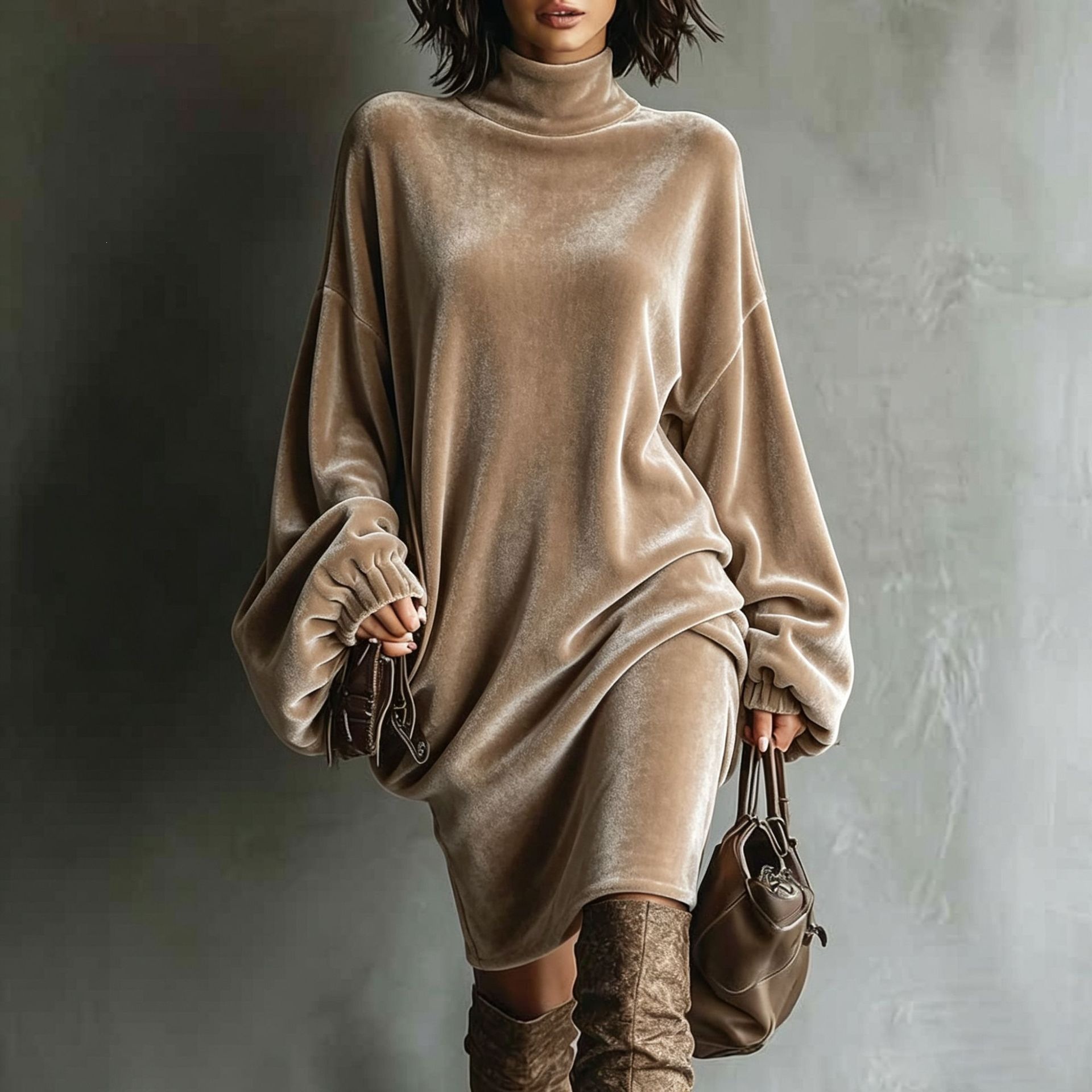 Velvet High Neck Long Sleeve A-Line Dress Women's Loose Solid Color Commuter