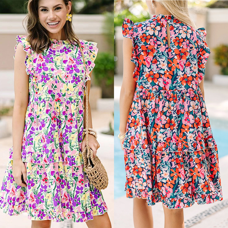 Women's Floral Print Tiered Dress with Ruffle Trim and Stand Collar