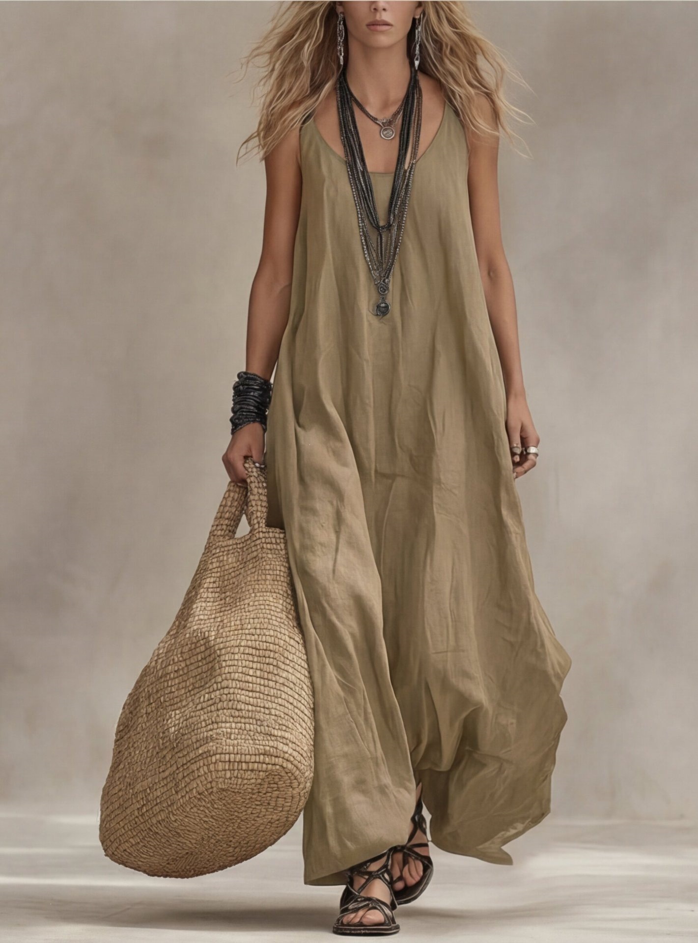 Women's Sleeveless Boho A-Line Maxi Dress Loose Fit