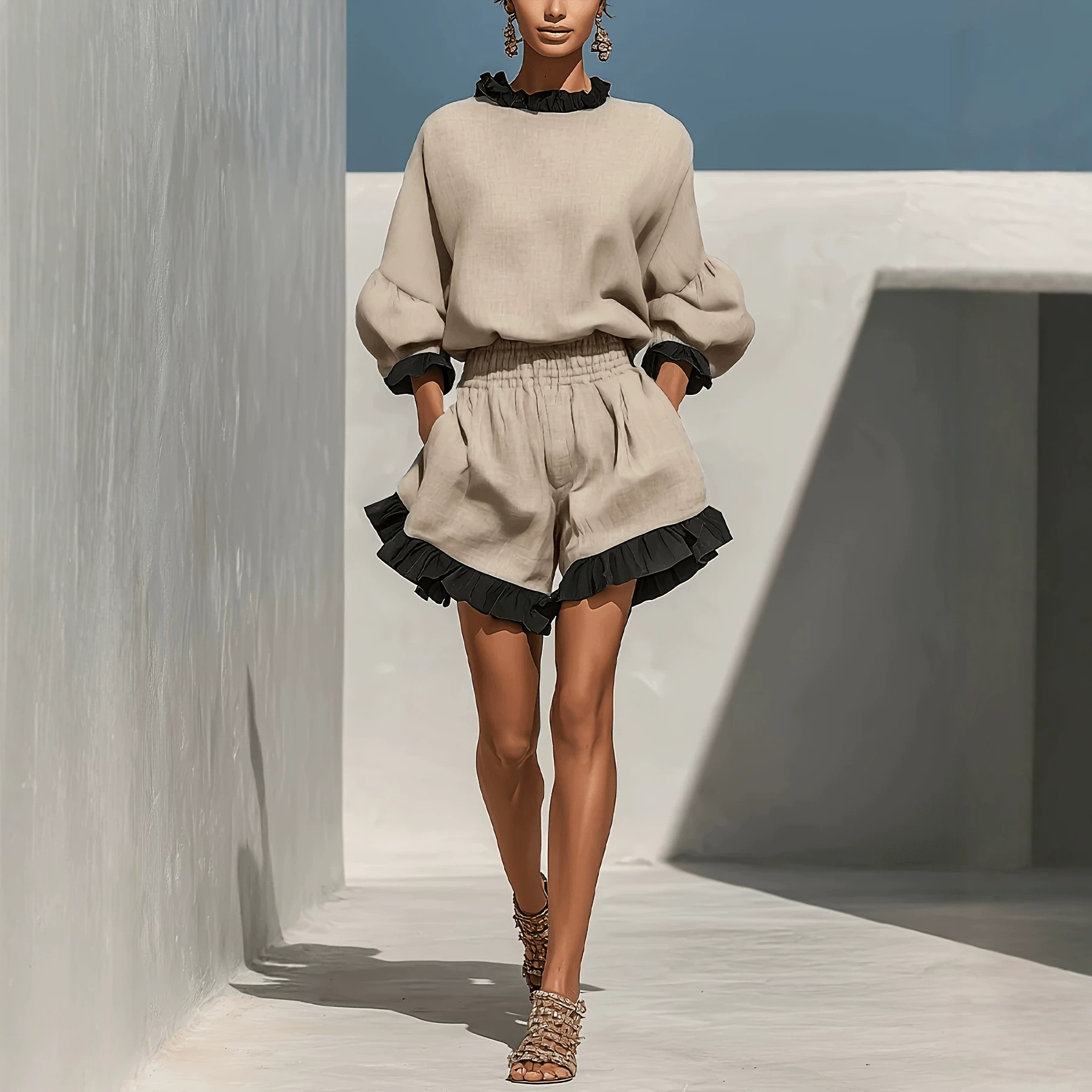 Color-Block Ruffle Linen Two-Piece Set with Lantern-Sleeve Top and High-Waist Pocket Shorts