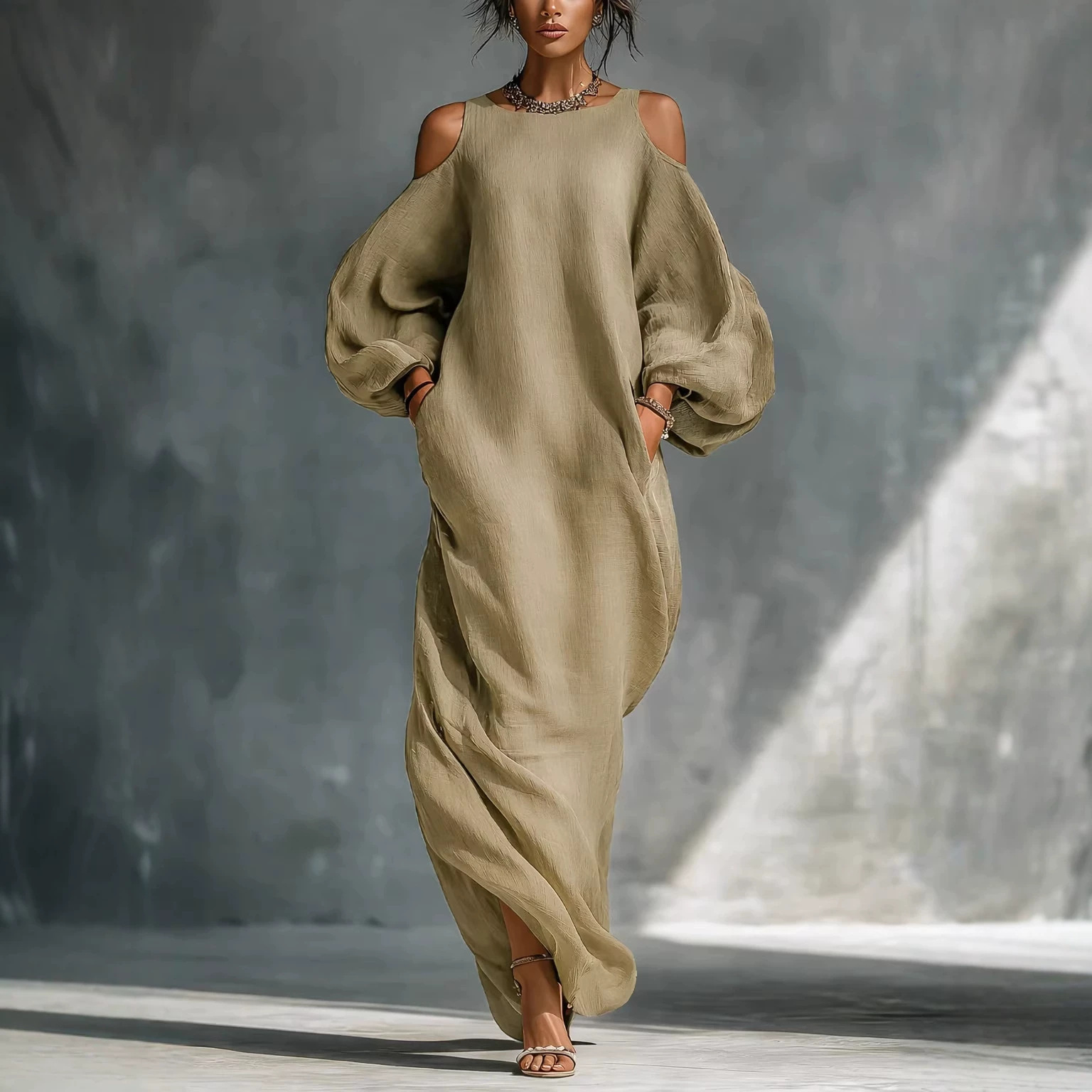 Women's Long Sleeve Off-Shoulder A-Line Midi Dress