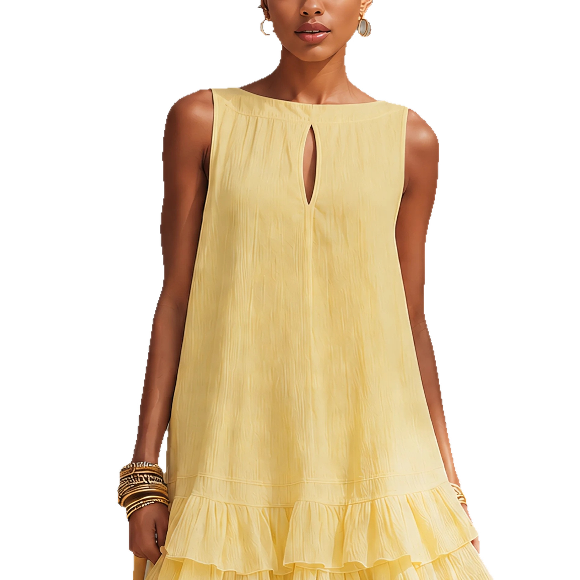 Light Yellow Textured Boat Neck Sleeveless A-Line Dress with Cutout and Double Ruffle
