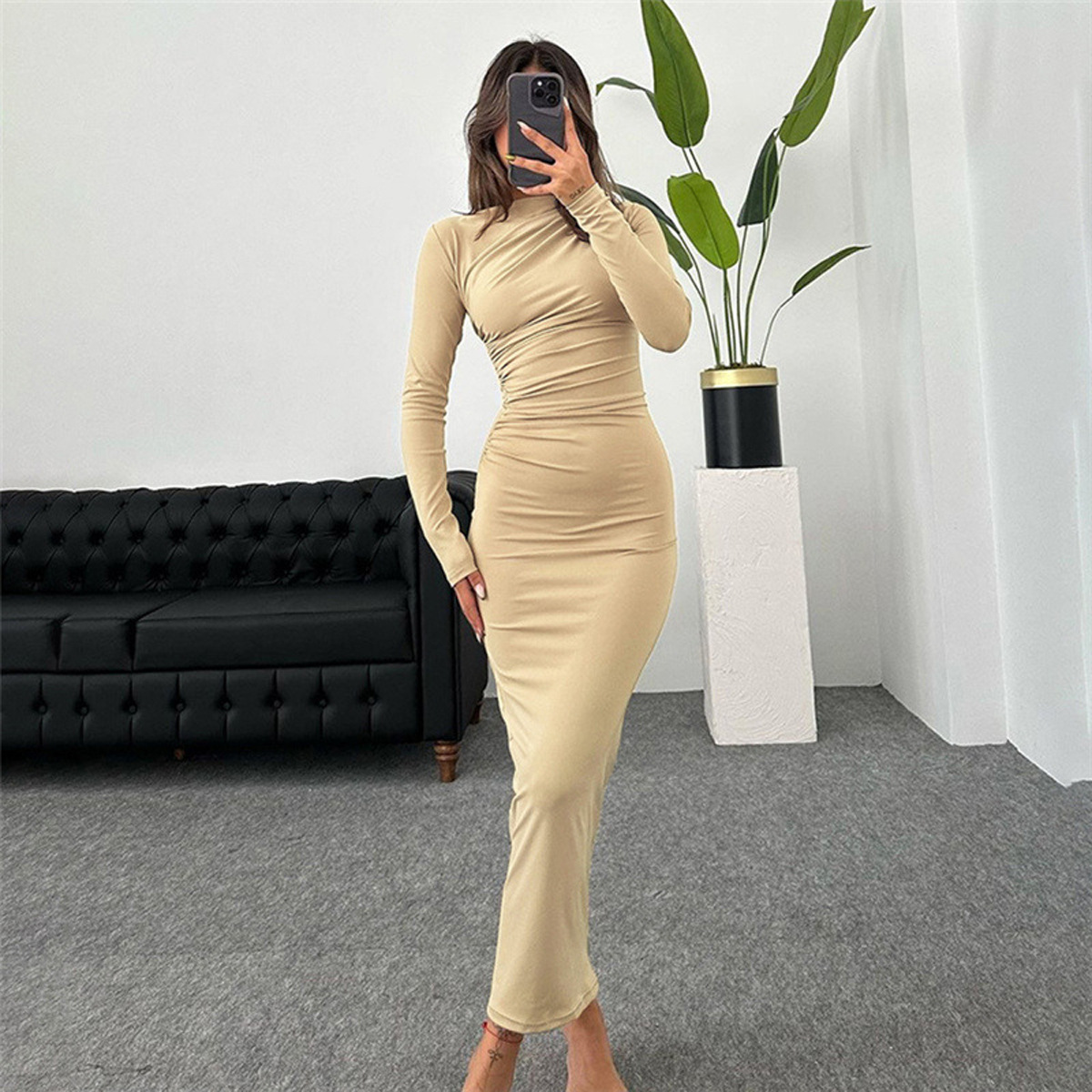 Women's Solid Color Long Sleeve High Waist Bodycon Dress