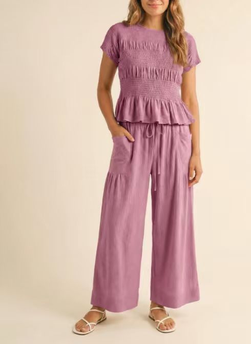Women's Solid Color Smocked High Waist Wide Leg Pants Short Sleeve Casual Two-Piece Set