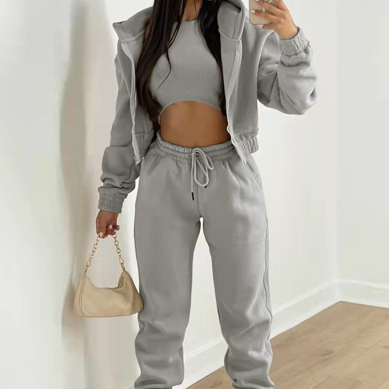 Women's Solid Color Hooded Sweatshirt and Pants Three-Piece Set