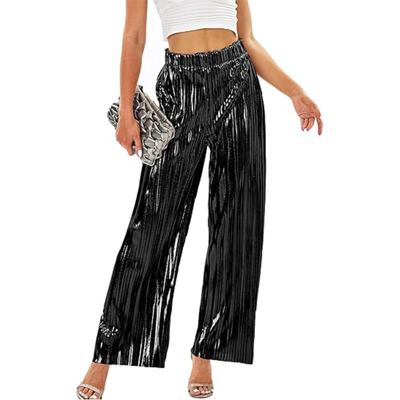 Shiny Pleated High-Waist Wide-Leg Party Pants