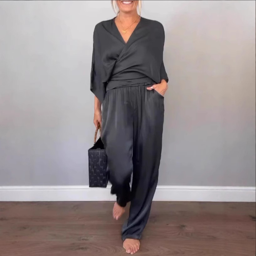 Women's Summer Solid Satin Short Sleeve Top and Pants Set