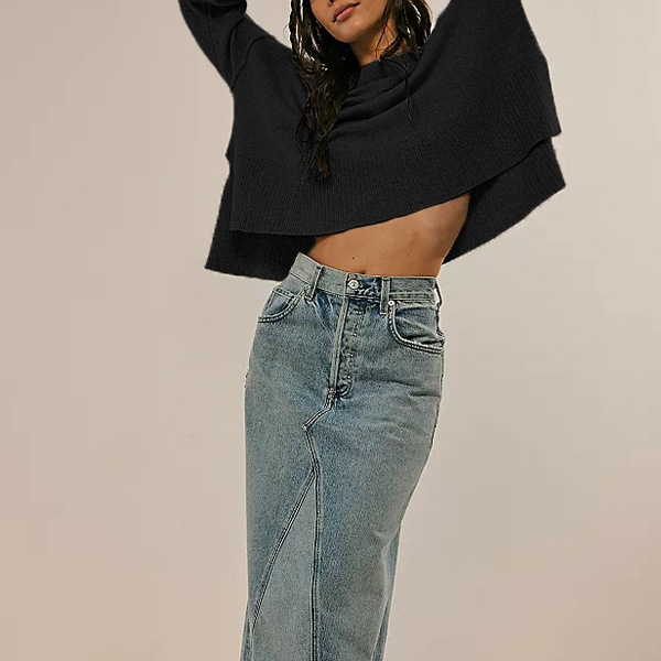 Solid Crewneck Bell Sleeve Knit Pullover Sweater